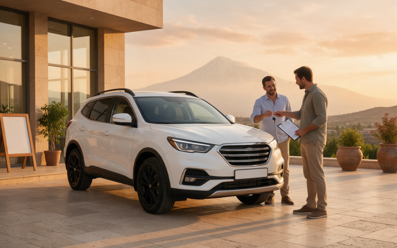 Car rental insurance handover at a rental office in Armenia