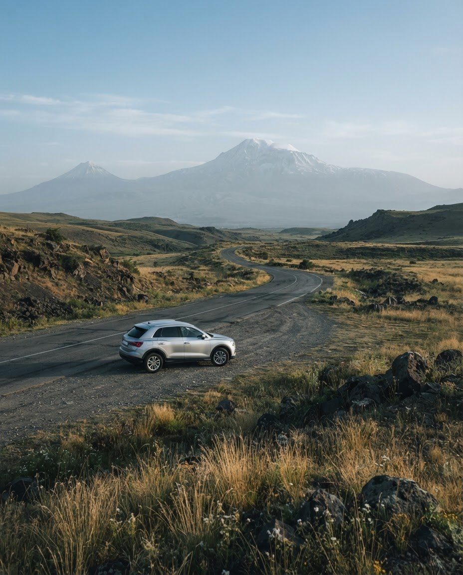 A rental car on a mountain road in Armenia