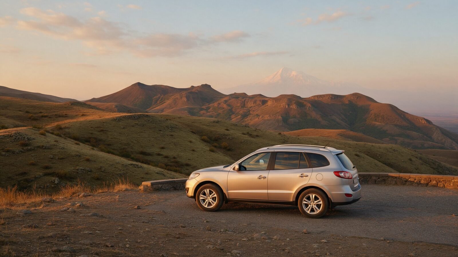 About: silver SUV at a highland viewpoint in Armenia at golden hour