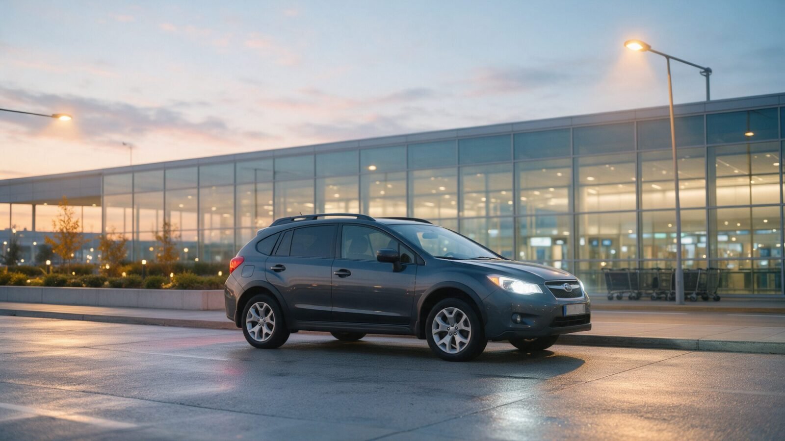 Rental car waiting at an airport arrivals curb at dawn