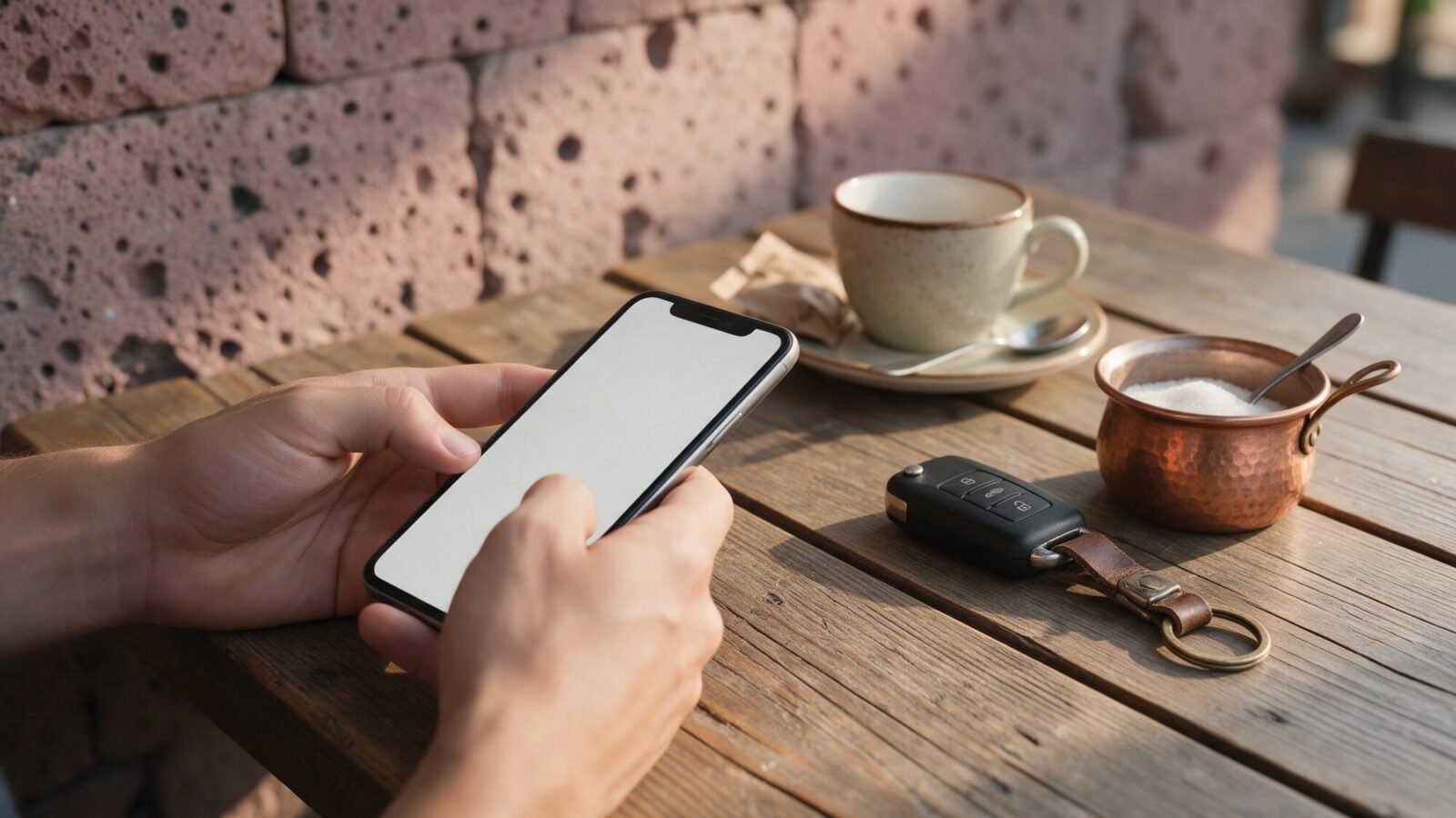 Phone and car key on a cafe table in Yerevan