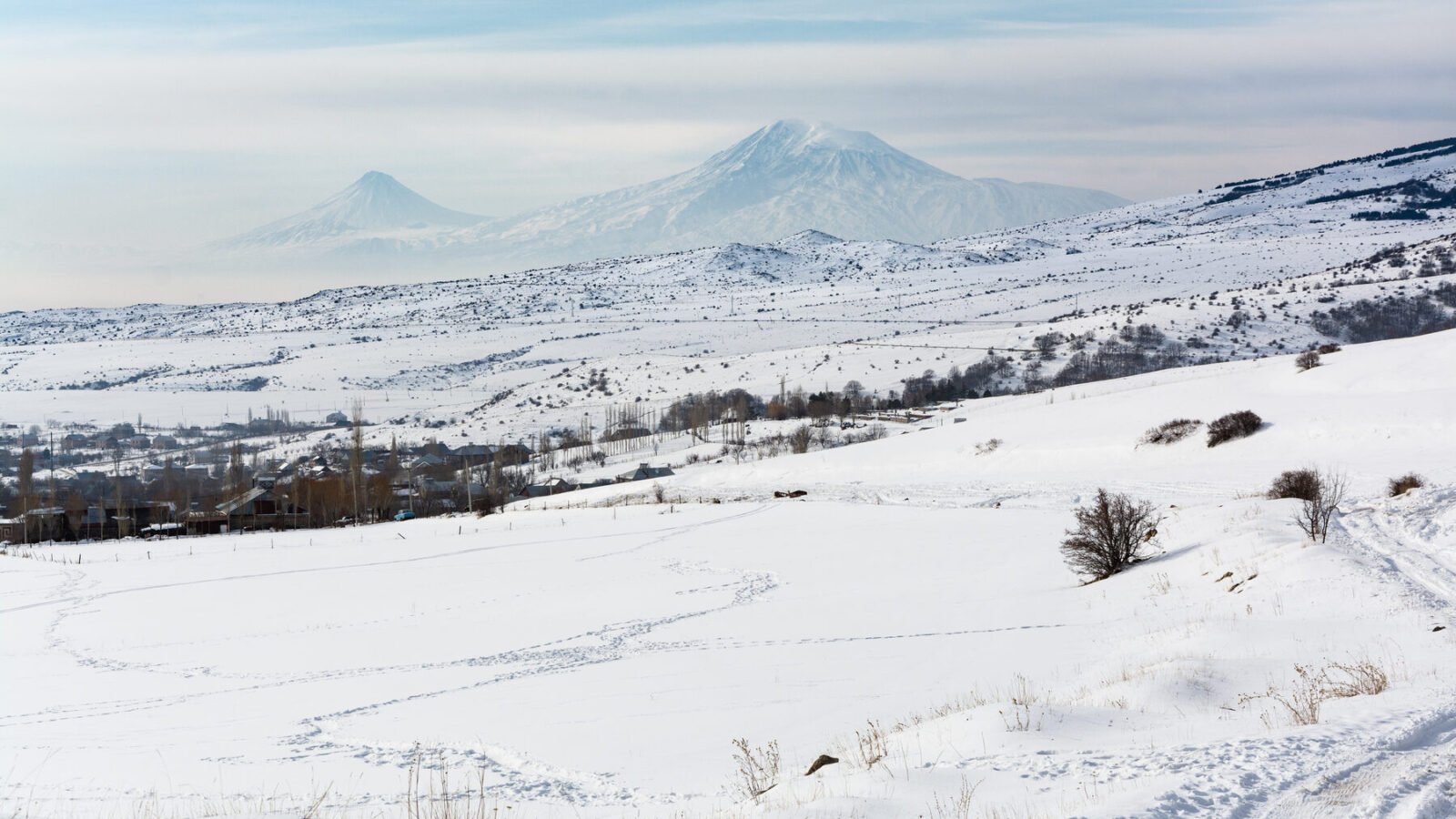 Snow-capped Mount Ararat in winter haze, seen from the Armenian side
