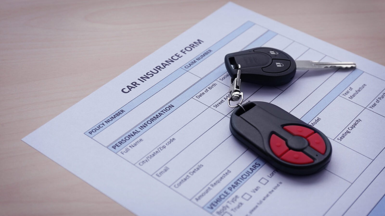 A car insurance form and car keys on a wooden table
